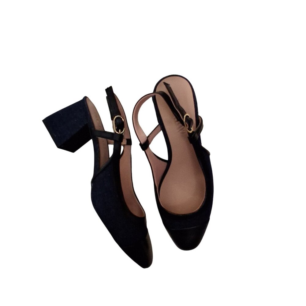J Crew Layne cap toe heel shoes womens 7 washed denim black block heel
